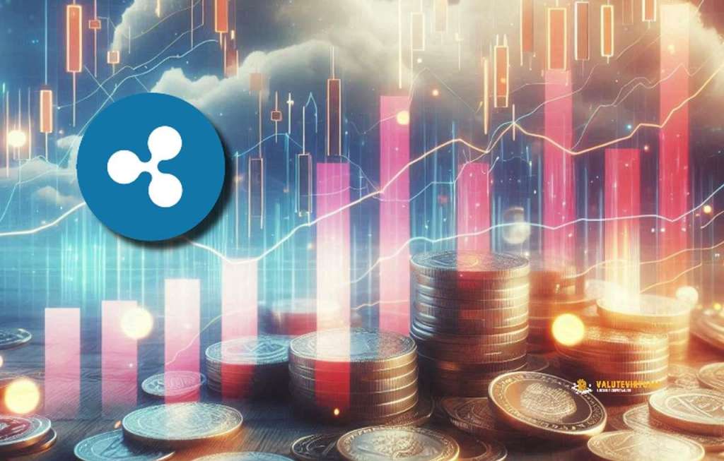 Alcune monete con dei grafici a candele sullo sfondo e il logo di XRP in alto a sinistra