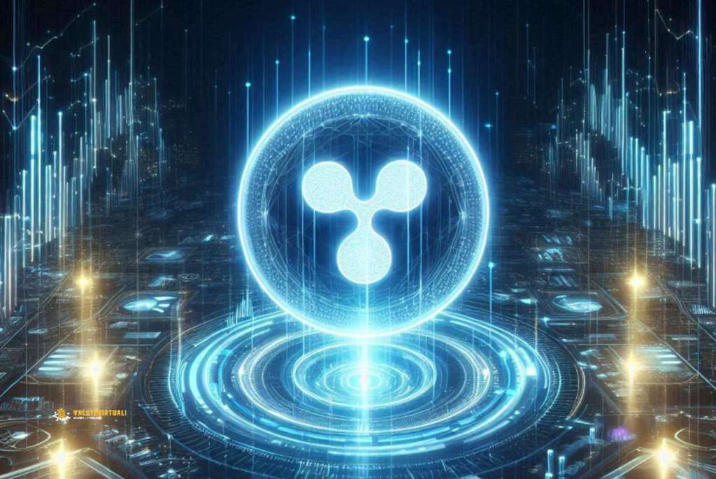 Il simbolo di XRP con uno sfondo blu notte e delle luci che formano cerchi e linee