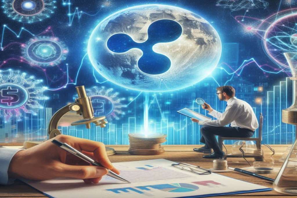 logo di XRP in una bolla e uomo seduto che analizza