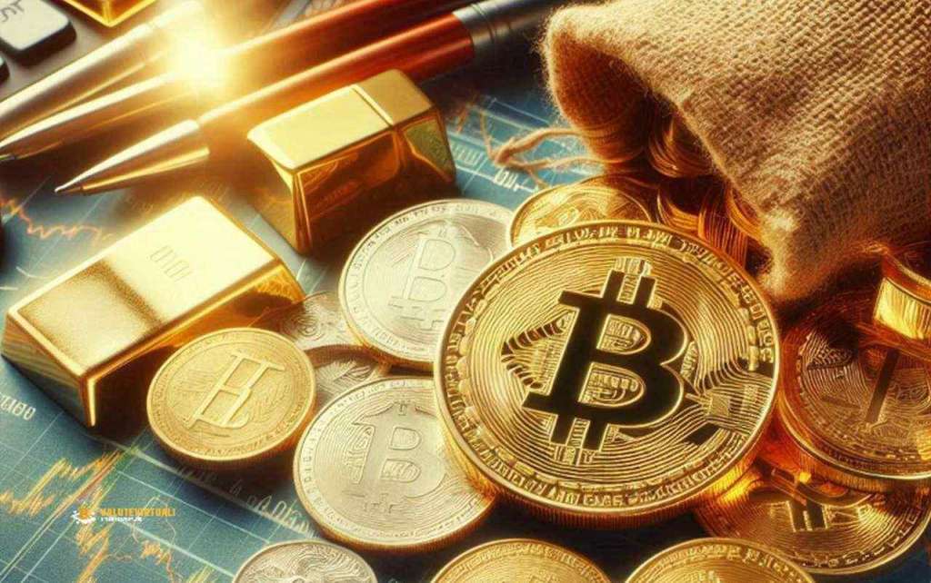 alcune monete di Bitcoin e dei piccoli lingotti d'oro su un piano con dei grafici che si intravedono appena