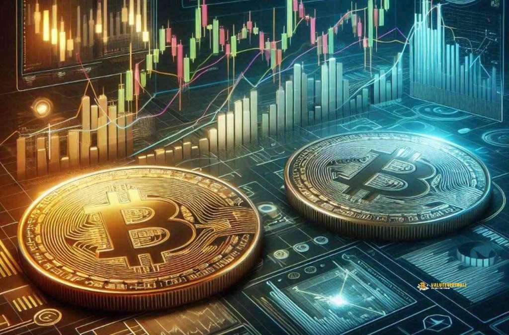 Due monete di Bitcoin su un piano con dei grafici a candele