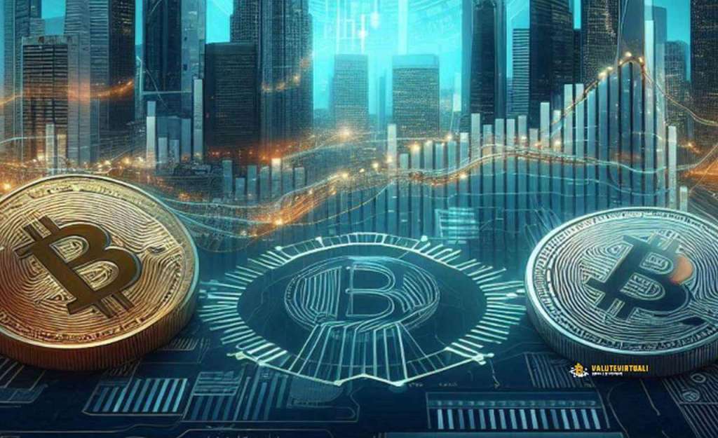 Due monete di Bitcoin e dei palazzi sullo sfondo con dei grafici finanziari in trasparenza