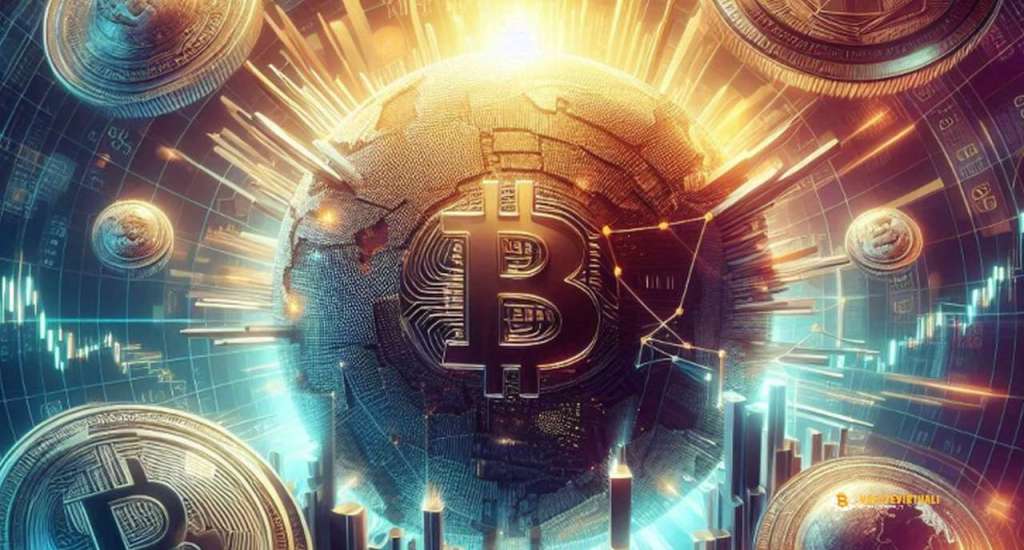 Il logo di Bitcoin al centro di una sfera e dei raggi luminosi che fuoriescono da essa in tutte le direzioni