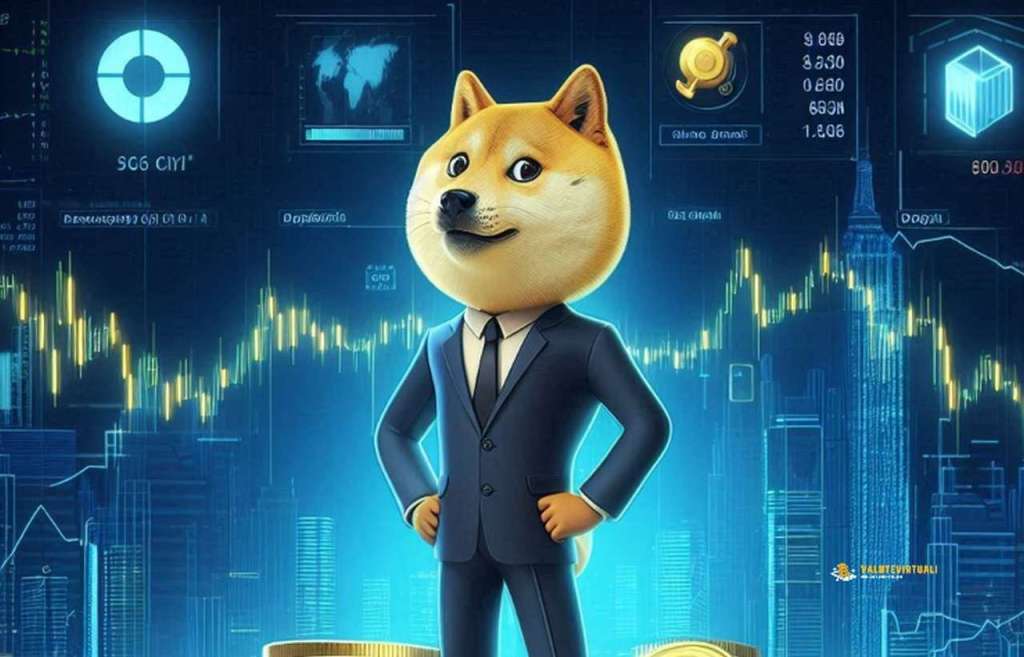 Un individuo in giacca e cravatta con il logo di Dogecoin al posto della testa e dei grafici sullo sfondo