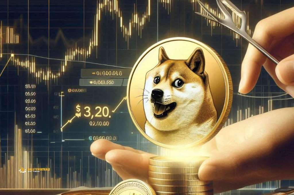 Una moneta di Dogecoin nel palmo di una mano con dei grafici finanziari sullo sfondo