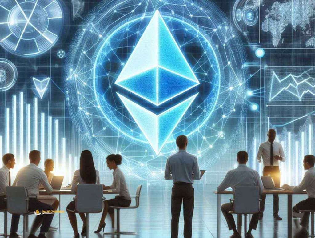 Il simbolo di Ethereum su uno schermo enorme con delle persone che siedono nelle vicinanze osservando alcuni grafici