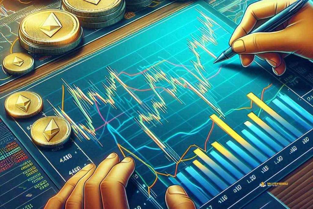 Alcuni grafici su una lavagnetta con una mano che impugna una penna e delle monete con il simbolo di Ethereum