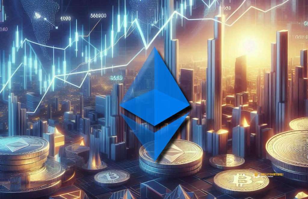 Il logo di Ethereum in sovrimpressione su altre monete e dei palazzi con dei grafici luminosi in trasparenza