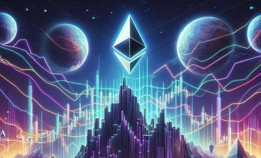 Il simbolo di Ethereum in cima a una montagna formata da grafici a candele