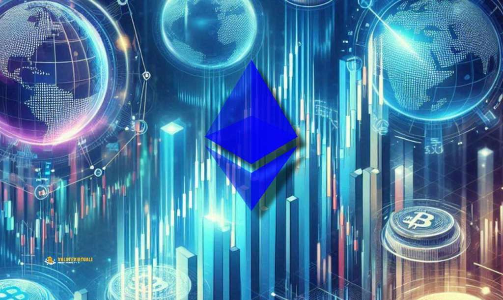 Il logo di Ethereum al centro di un'immagine con grafici a candele luminosi e alcuni globi intorno