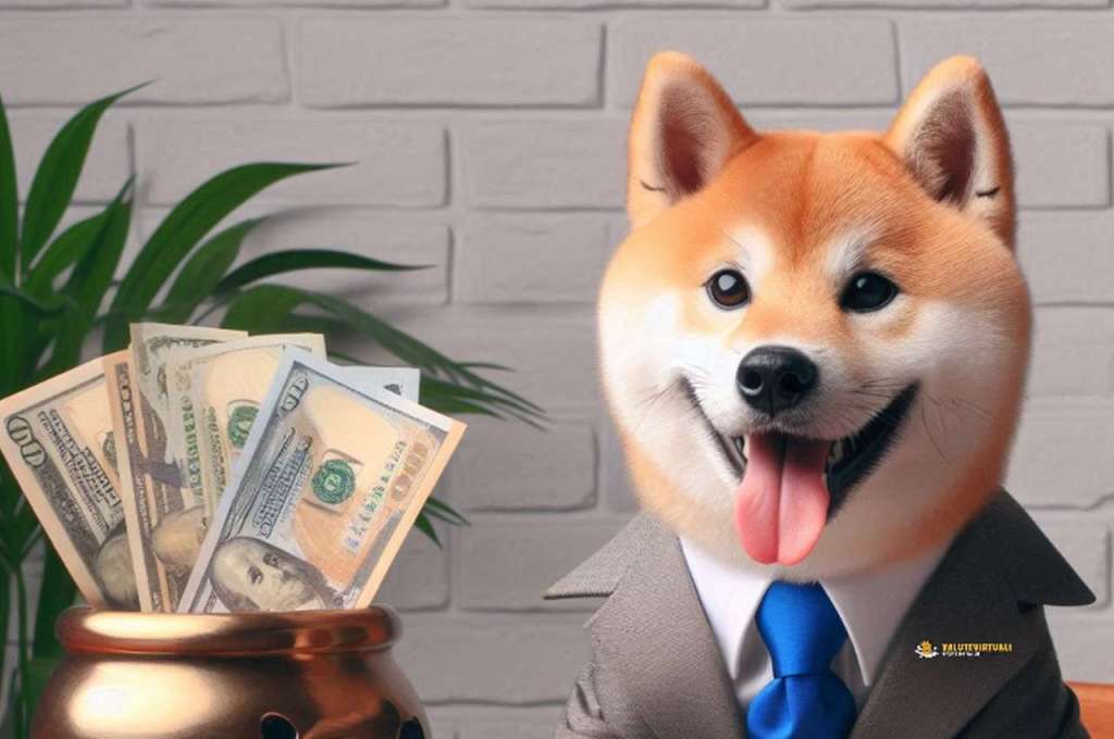 Un primo piano del cane simbolo della crypto Shiba Inu in giacca e cravatta a destra. Alcune banconote di dollari aperte a ventaglio che fuoriescono da un vaso sulla sinistra