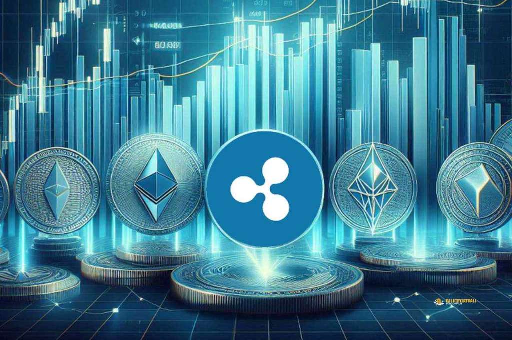 Alcune monete in fila orizzontale, quella centrale con il logo di XRP, e dei grafici a candele luminosi sullo sfondo