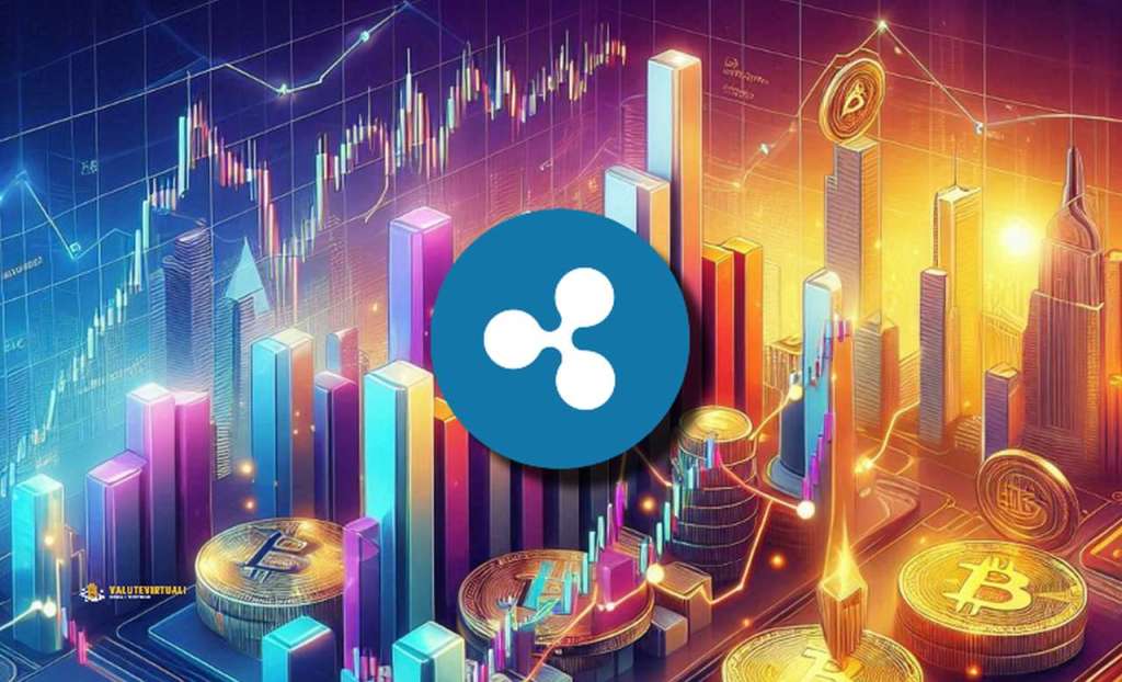 Il simbolo di XRP al centro con dei grafici colorati sullo sfondo e delle monete