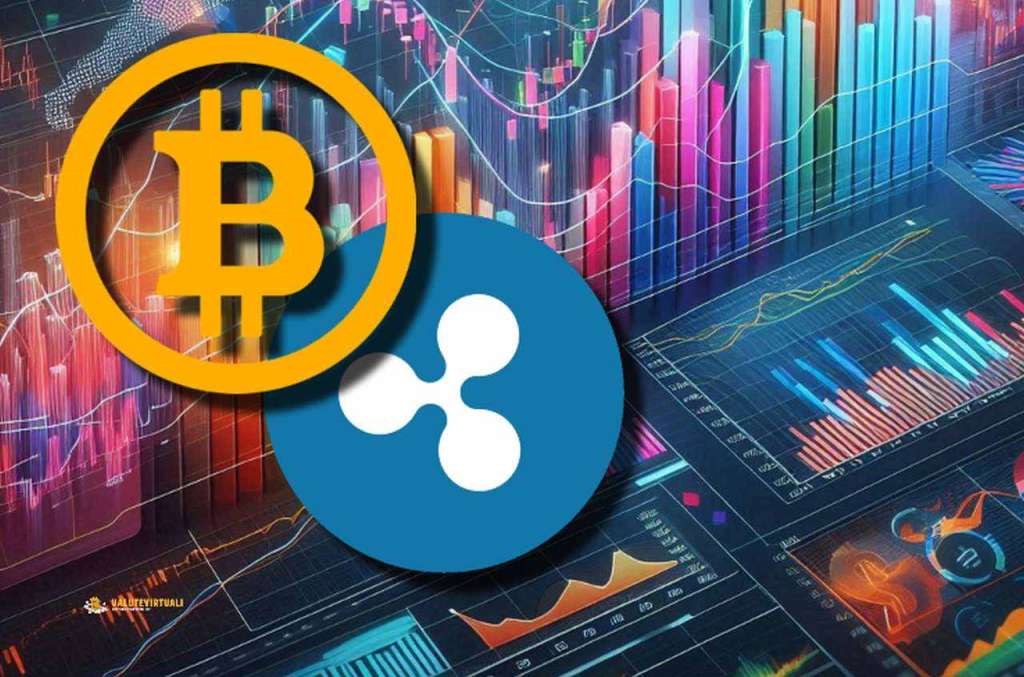 Alcuni grafici finanziari con il logo di Bitcoin e quello di XRP in sovrimpressione