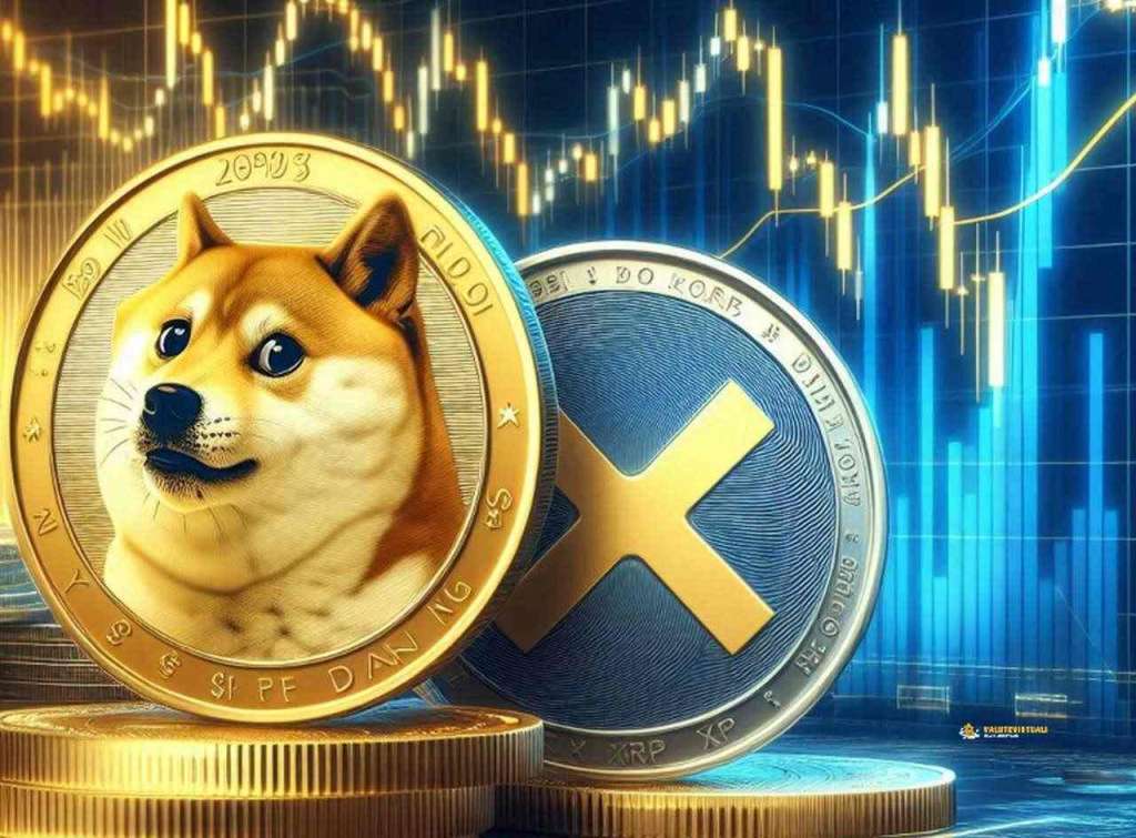 Una moneta di Dogecoin con una moneta di XRP e dei grafici finanziari sullo sfondo