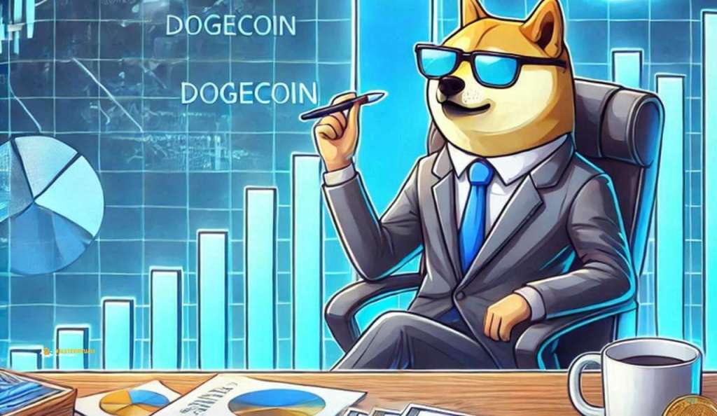 Il cane simbolo di Dogecoin in giacca e cravatta seduto ad una scrivania. Sullo sfondo dei grafici finanziari con candele luminose