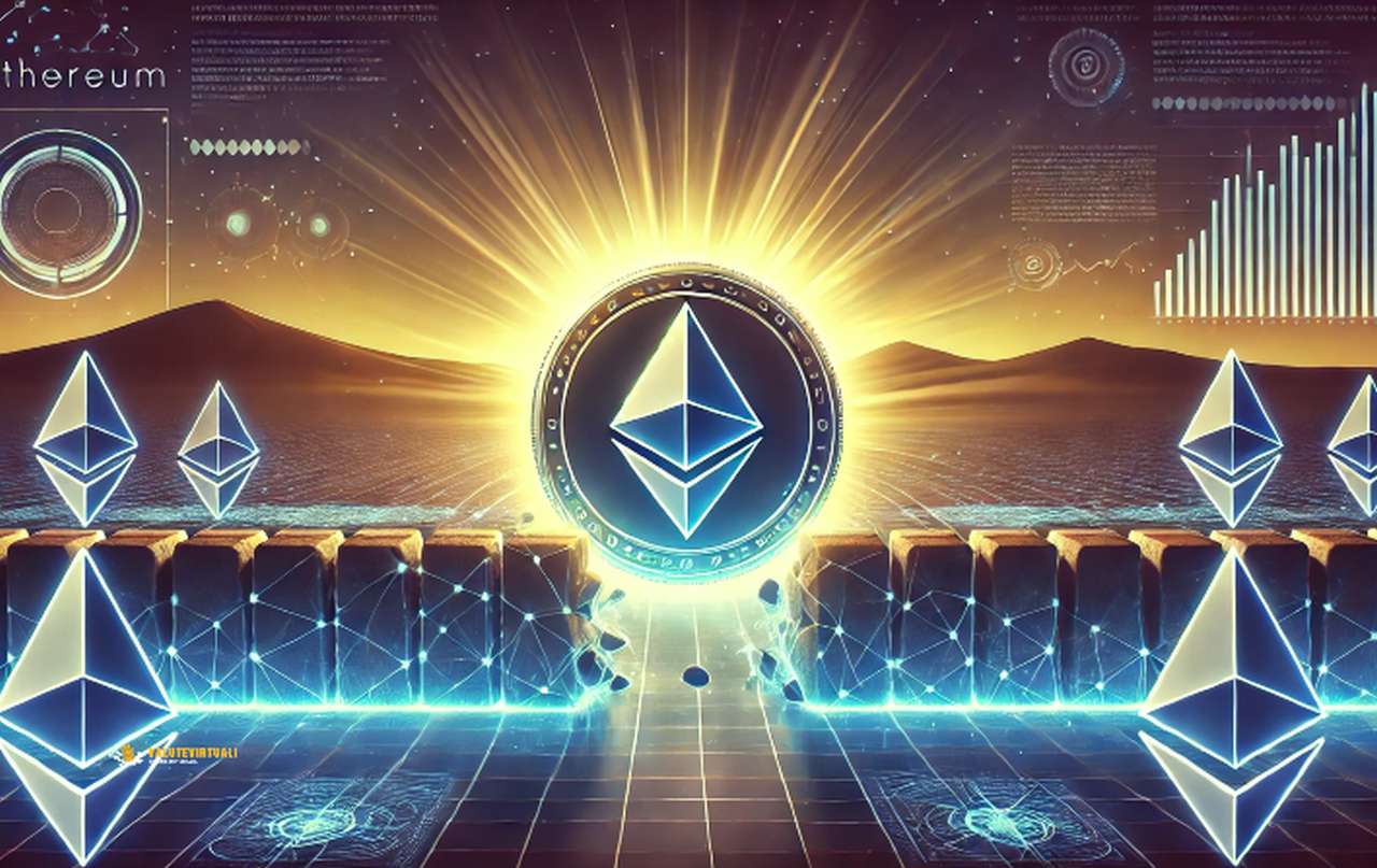 Il simbolo di Ethereum al centro con altri simboli più piccoli intorno in uno spazio indefinito