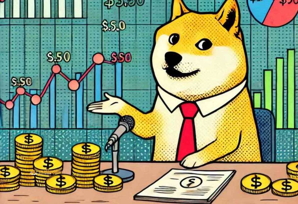 Il cane mascotte della crypto SHIB seduto a un tavolo con un microfono davanti e dei grafici finanziari alle spalle