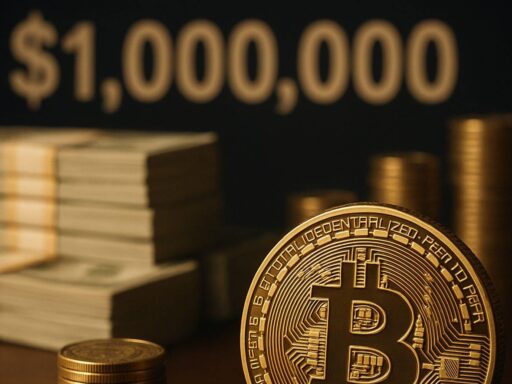 Una moneta con il simbolo di Bitcoin e delle banconote impilare sullo sfondo insieme ad altre monetine. In alto la scritta $1.000.000