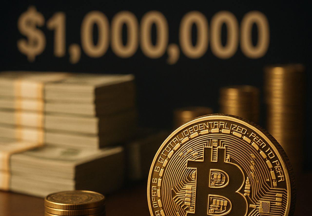Una moneta con il simbolo di Bitcoin e delle banconote impilare sullo sfondo insieme ad altre monetine. In alto la scritta $1.000.000