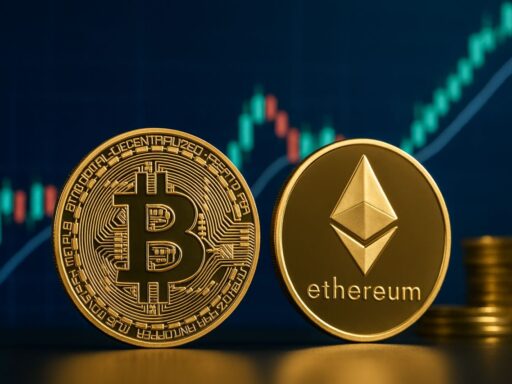 Una moneta di Bitcoin accanto a una moneta di Ethereum. Sullo sfondo un grafico a candele