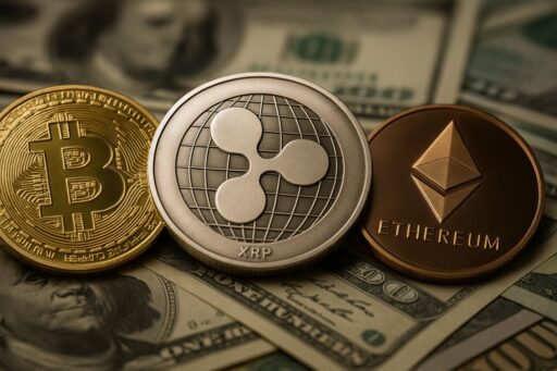 una moneta di Bitcoin, una di XRP e una di Ethereum