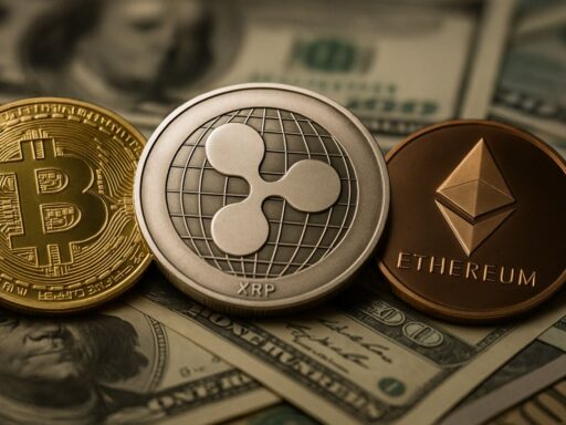una moneta di Bitcoin, una di XRP e una di Ethereum