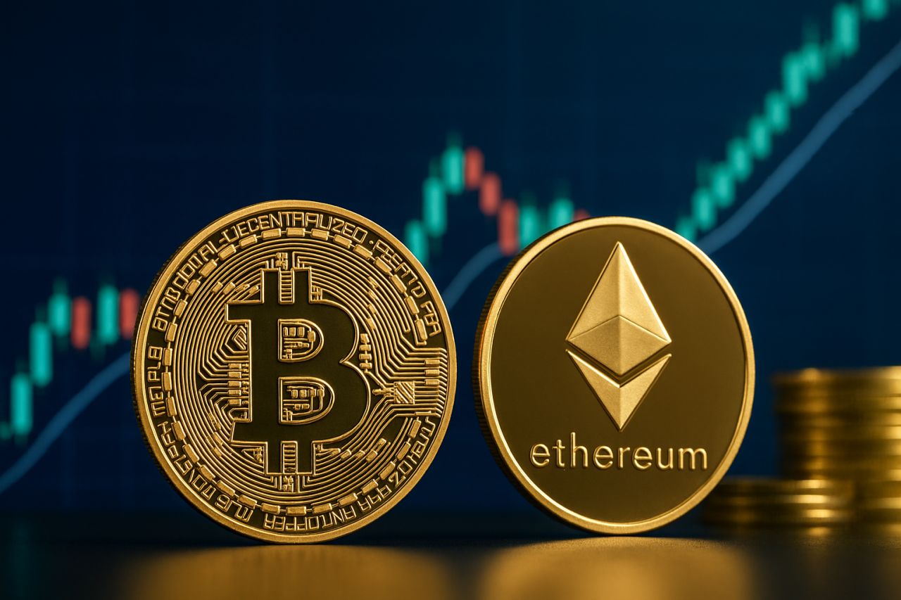 Una moneta di Bitcoin accanto a una moneta di Ethereum. Sullo sfondo un grafico a candele