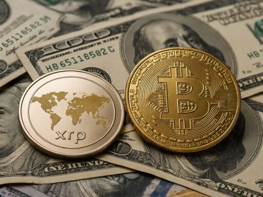 Una moneta con il mondo raffigurato insieme alla scritta Xrp, e una con il simbolo di Bitcoin