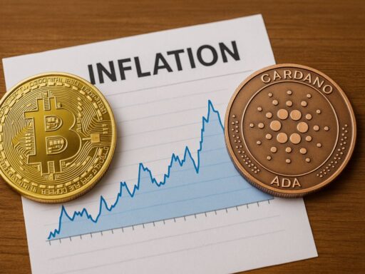 una moneta con il simbolo di Bitcoin a sinistra e una con il simbolo di Cardano a destra