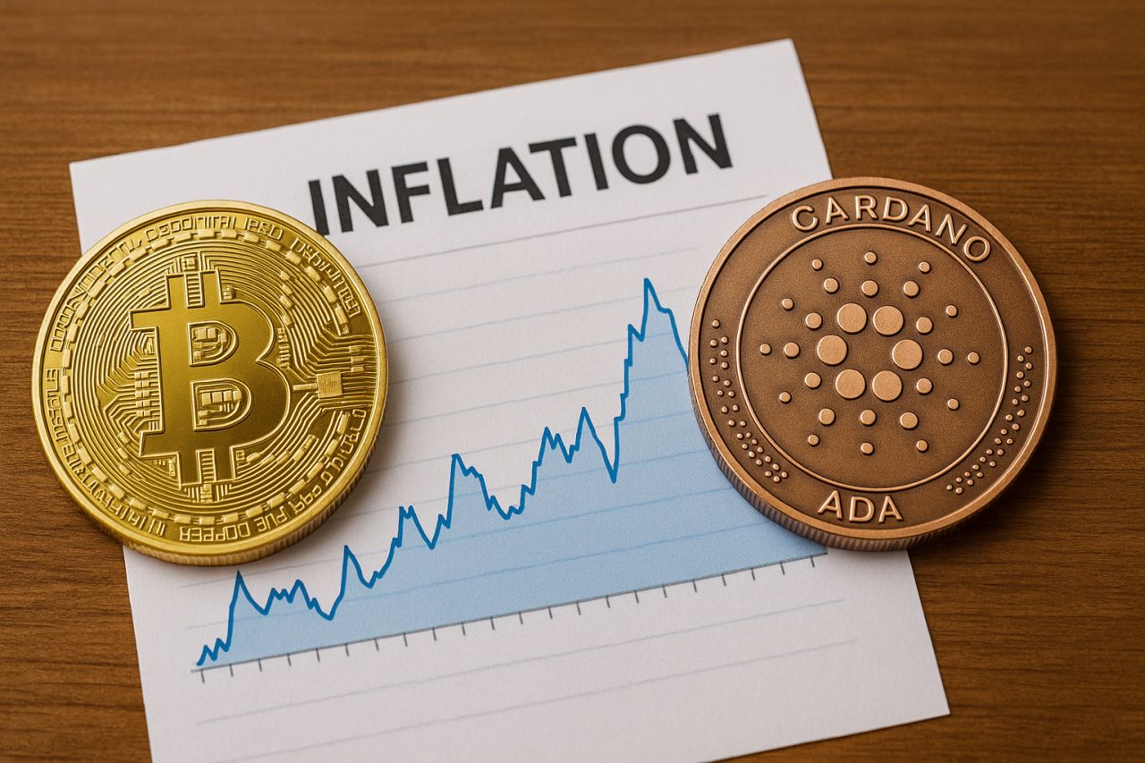 una moneta con il simbolo di Bitcoin a sinistra e una con il simbolo di Cardano a destra