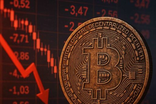 Una moneta con il simbolo di Bitcoin e dei grafici finanziari in rosso sullo sfondo