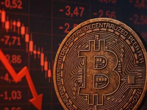 Una moneta con il simbolo di Bitcoin e dei grafici finanziari in rosso sullo sfondo