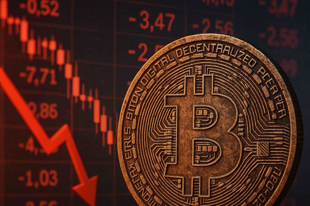 Una moneta con il simbolo di Bitcoin e dei grafici finanziari in rosso sullo sfondo