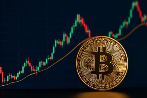 una moneta di Bitcoin con un grafico a candele sullo sfondo