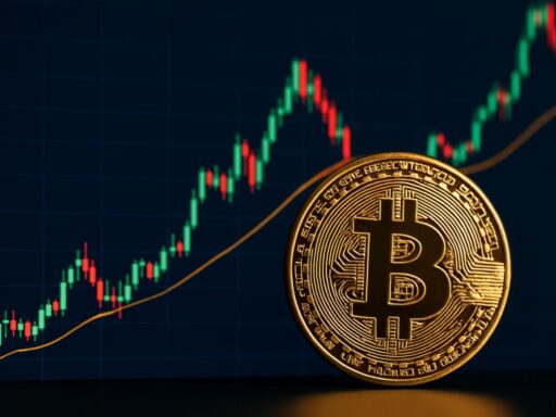 una moneta di Bitcoin con un grafico a candele sullo sfondo