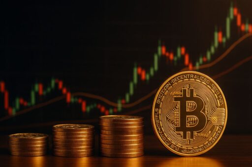 Monete di Bitcoin con un grafico a candele sullo sfondo