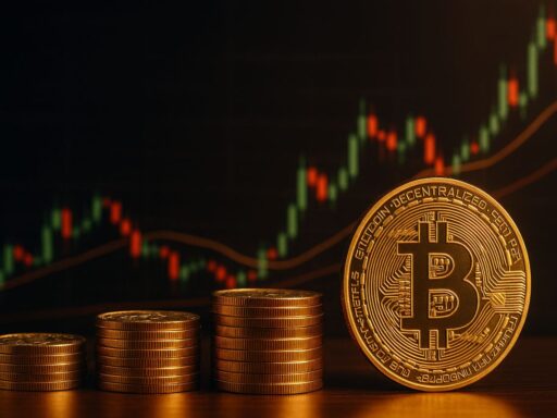 Monete di Bitcoin con un grafico a candele sullo sfondo