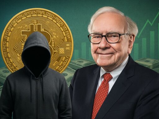 Un tizio incappucciato con una moneta di Bitcoin dietro e Warren Buffet