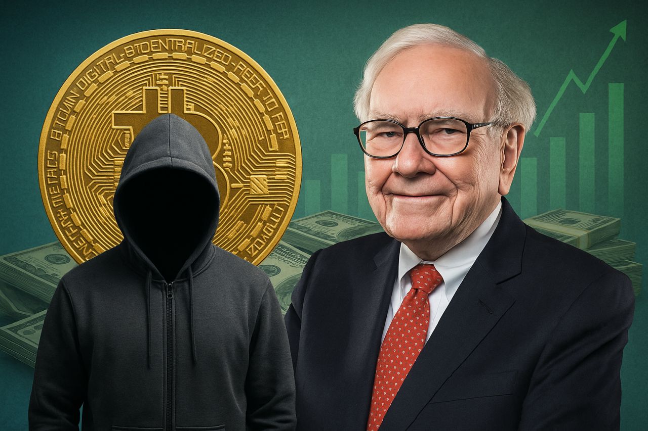 Un tizio incappucciato con una moneta di Bitcoin dietro e Warren Buffet