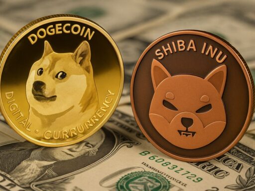 una moneta con il simbolo di Doge e una col simbolo di SHIB