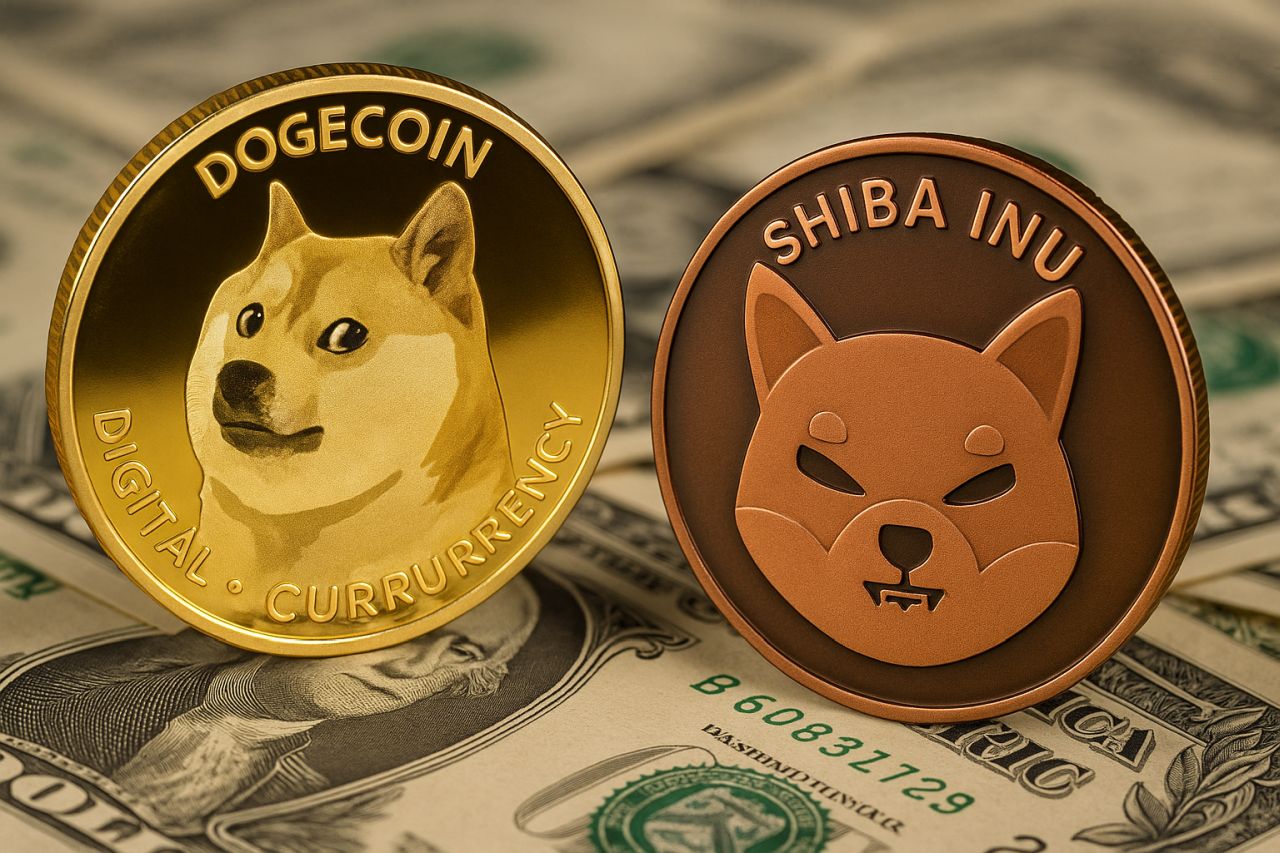 una moneta con il simbolo di Doge e una col simbolo di SHIB