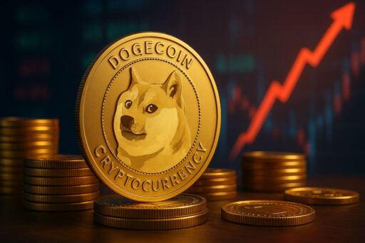 Una moneta con il simbolo di Dogecoin e un grafico sullo sfondo