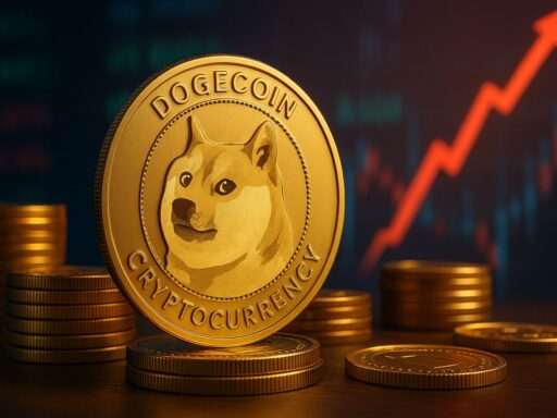 Una moneta con il simbolo di Dogecoin e un grafico sullo sfondo
