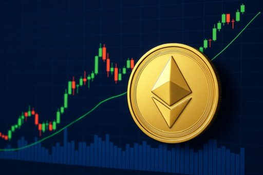Una moneta con il simbolo di Ethereum e un grafico a candele sullo sfondo