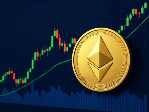 Una moneta con il simbolo di Ethereum e un grafico a candele sullo sfondo