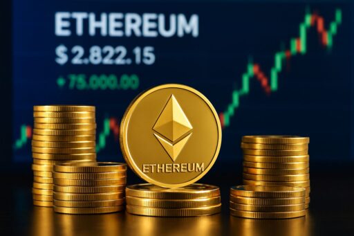 Alcune pile di monete e una moneta più grande al centro con il simbolo di ETH