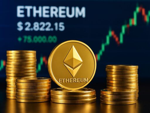 Alcune pile di monete e una moneta più grande al centro con il simbolo di ETH