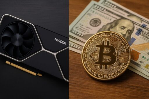 sulla sinistra un componente con brand Nvidia. Sulla destra una moneta di Bitcoin e una banconota in dollari