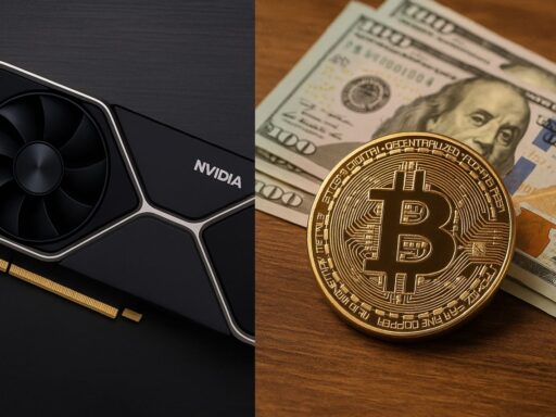 sulla sinistra un componente con brand Nvidia. Sulla destra una moneta di Bitcoin e una banconota in dollari